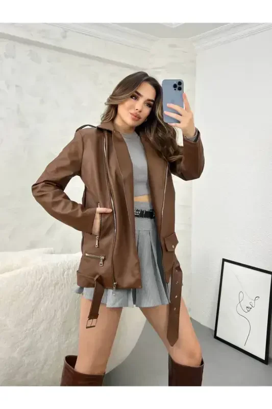 Kadın Oversize Biker Deri Ceket-kahve - 1