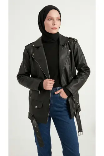Kadın Oversize Biker Tesettür Deri Ceket-6Siyah - 2