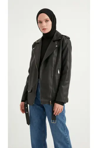 Kadın Oversize Biker Tesettür Deri Ceket-6Siyah - 3