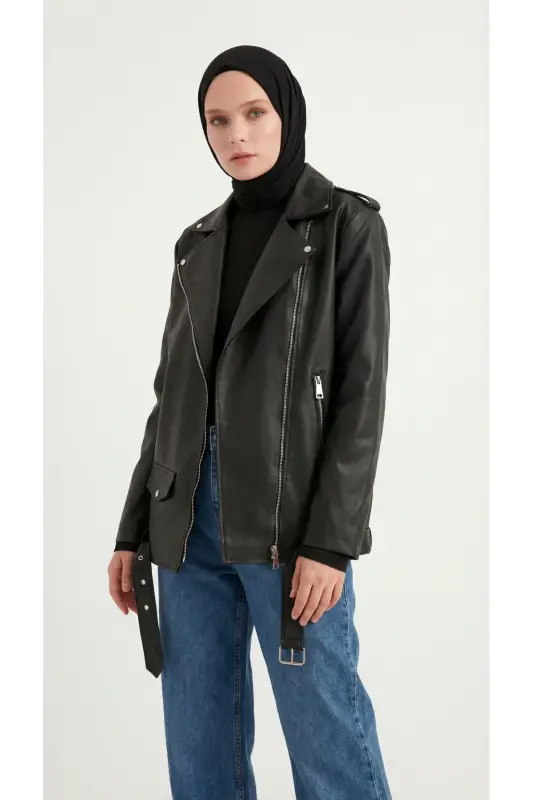 Kadın Oversize Biker Tesettür Deri Ceket-6Siyah - 3