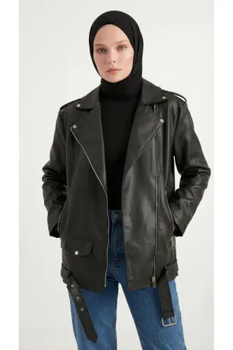 Kadın Oversize Biker Tesettür Deri Ceket-6Siyah - 4
