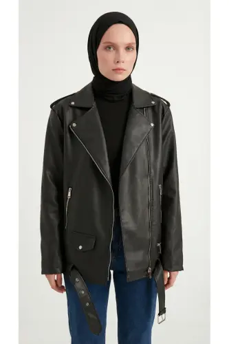 Kadın Oversize Biker Tesettür Deri Ceket-6Siyah - 1