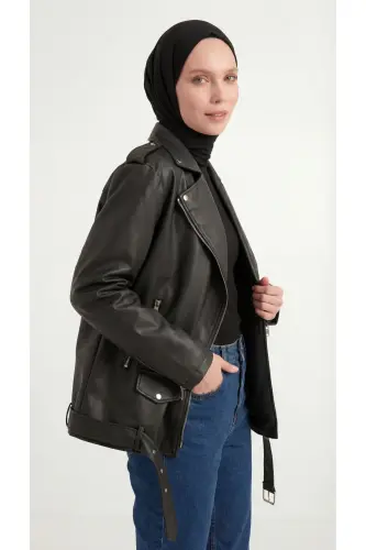 Kadın Oversize Biker Tesettür Deri Ceket-6Siyah - 5