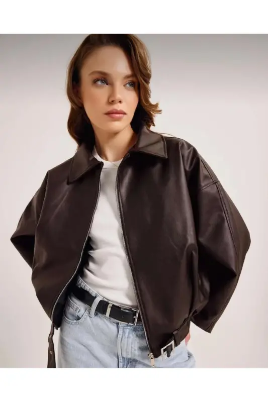 Kadın Oversize Deri Bomber Ceket-Kahverengi - 1