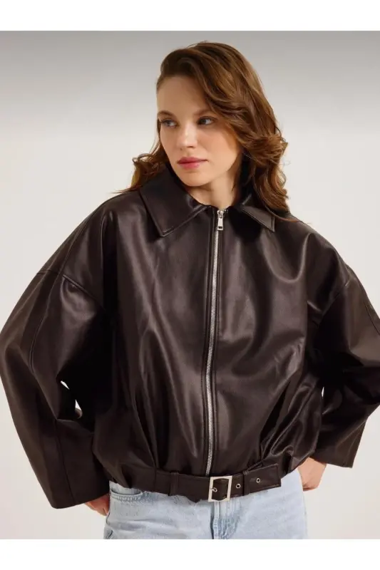Kadın Oversize Deri Bomber Ceket-Kahverengi - 2