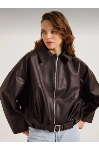 Kadın Oversize Deri Bomber Ceket-Kahverengi - ALINTERYY (1)