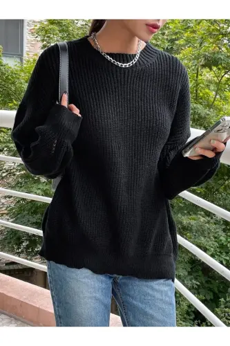 Kadın Selanik Örgü Siyah Oversize Kazak, Kadın kazak-Siyah - 7