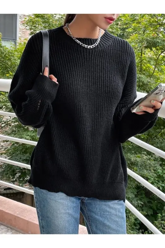 Kadın Selanik Örgü Siyah Oversize Kazak, Kadın kazak-Siyah - 7