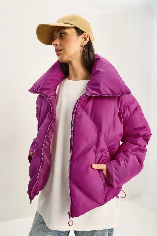 Kadın Oversize Şişme Mont 10191065-Fuşya - 4
