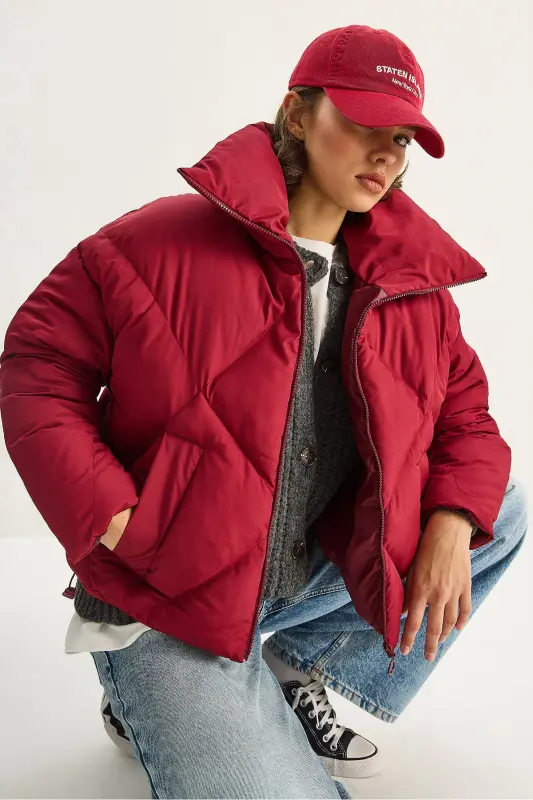 Kadın Oversize Şişme Mont-Bordo - 2