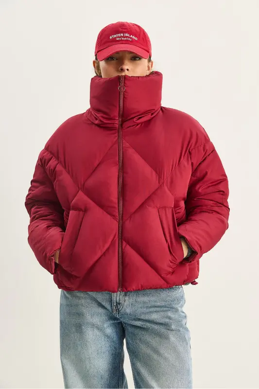 Kadın Oversize Şişme Mont-Bordo - 6