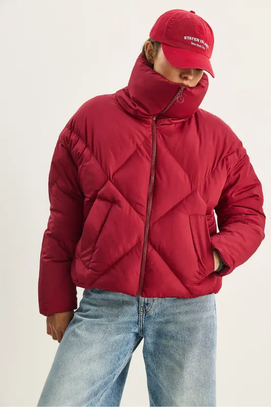 Kadın Oversize Şişme Mont-Bordo - 7