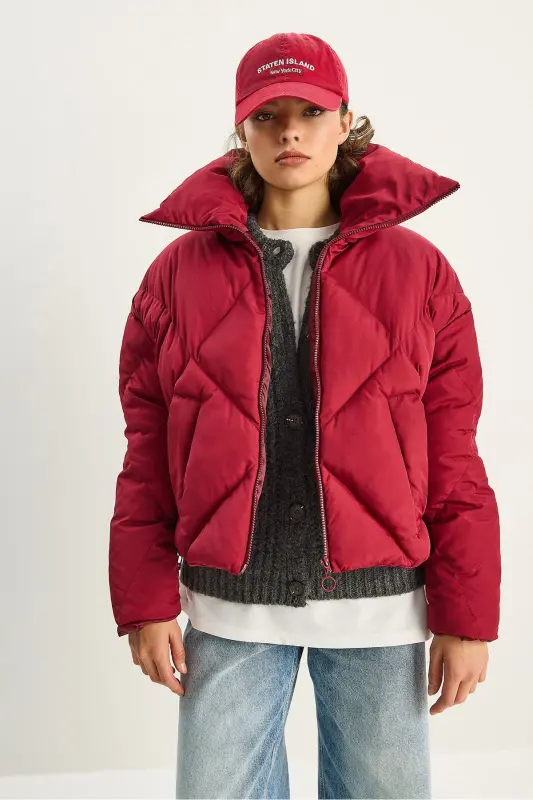Kadın Oversize Şişme Mont-Bordo - 4