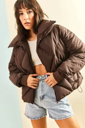 Kadın Oversize Şişme Mont-Kahverengi - 7