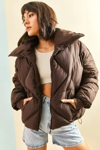 Kadın Oversize Şişme Mont-Kahverengi - 5