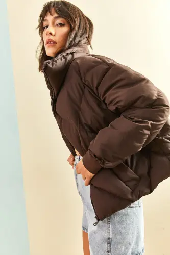 Kadın Oversize Şişme Mont-Kahverengi - 6