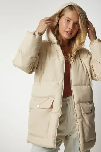 Kadın Oversize Şişme Mont Kapüşonlu - 4 Cep Detaylı Fermuarlı Kışlık Günlük Mont-Bej4cp - MODA ARMANC (1)