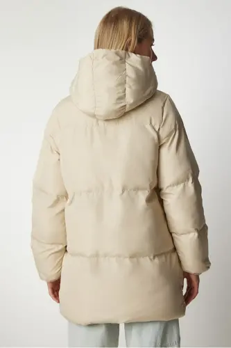Kadın Oversize Şişme Mont Kapüşonlu - 4 Cep Detaylı Fermuarlı Kışlık Günlük Mont-Bej4cp - 5