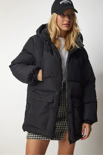 Kadın Oversize Şişme Mont Kapüşonlu - 4 Cep Detaylı Fermuarlı Kışlık Günlük Mont-Siyah4cp - MODA ARMANC (1)