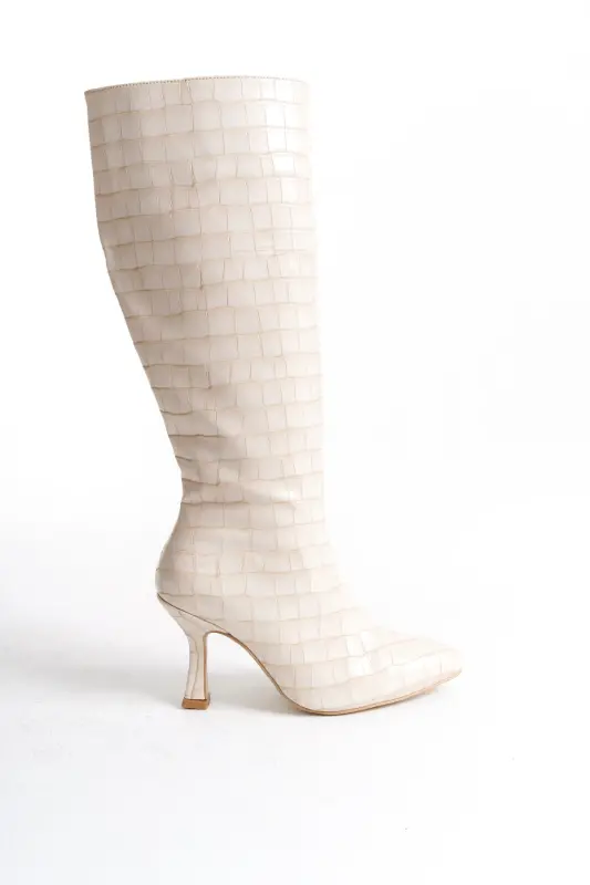 Kadın Özel Tasarım Tam Fermuarlı Croco Kaplama Topuklu Çizme-Bej Croco Kadeh Ökçe - SHOESERS
