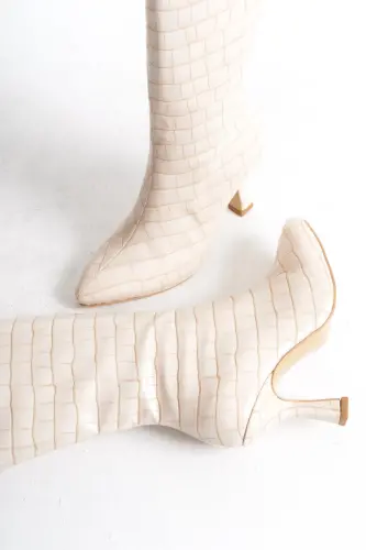 Kadın Özel Tasarım Tam Fermuarlı Croco Kaplama Topuklu Çizme - Bej Croco Kadeh Ökçe - 4