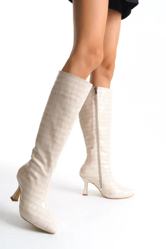 Kadın Özel Tasarım Tam Fermuarlı Croco Kaplama Topuklu Çizme-Bej Croco Kadeh Ökçe - 2