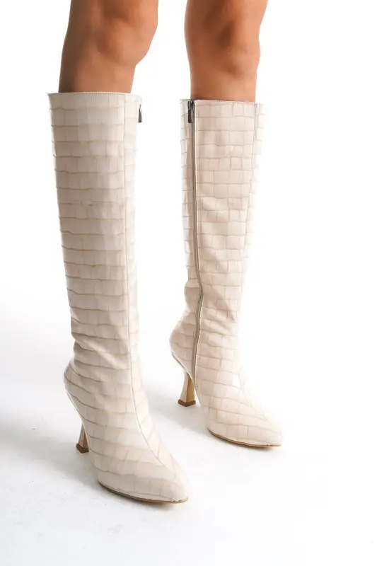Kadın Özel Tasarım Tam Fermuarlı Croco Kaplama Topuklu Çizme-Bej Croco Kadeh Ökçe - 5