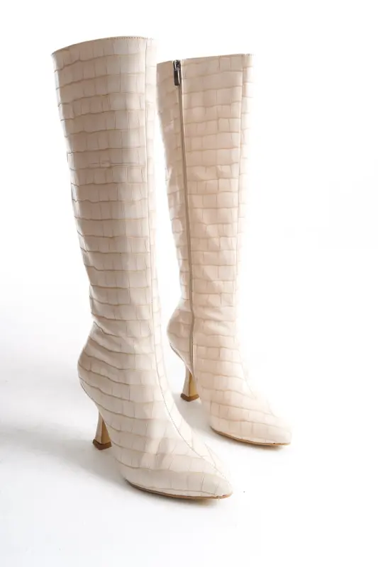 Kadın Özel Tasarım Tam Fermuarlı Croco Kaplama Topuklu Çizme-Bej Croco Kadeh Ökçe - 6
