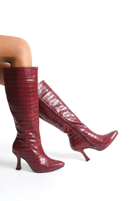 Kadın Özel Tasarım Tam Fermuarlı Croco Kaplama Topuklu Çizme-Bordo Croco Kadeh Ökçe - 3