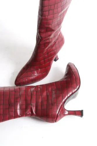 Kadın Özel Tasarım Tam Fermuarlı Croco Kaplama Topuklu Çizme-Bordo Croco Kadeh Ökçe - 5