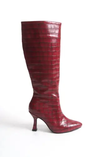 Kadın Özel Tasarım Tam Fermuarlı Croco Kaplama Topuklu Çizme - Bordo Croco Kadeh Ökçe 