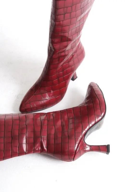 Kadın Özel Tasarım Tam Fermuarlı Croco Kaplama Topuklu Çizme-Bordo Croco Kadeh Ökçe - 5