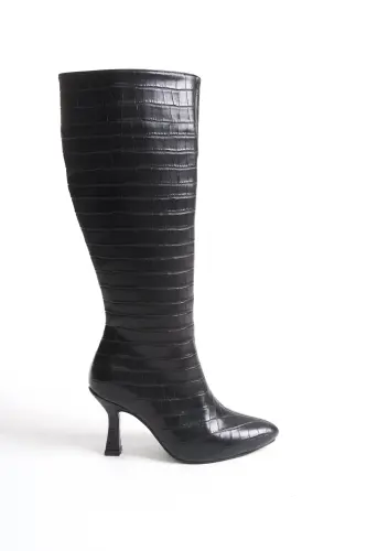 Kadın Özel Tasarım Tam Fermuarlı Croco Kaplama Topuklu Çizme-Siyah Croco Kadeh Ökçe - 1