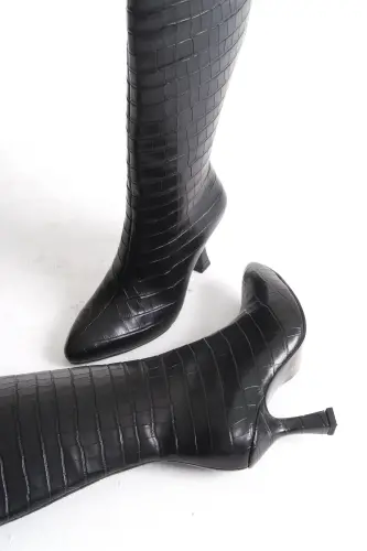 Kadın Özel Tasarım Tam Fermuarlı Croco Kaplama Topuklu Çizme-Siyah Croco Kadeh Ökçe - 3