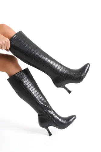 Kadın Özel Tasarım Tam Fermuarlı Croco Kaplama Topuklu Çizme-Siyah Croco Kadeh Ökçe - 4