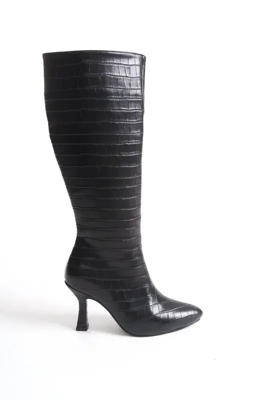 Kadın Özel Tasarım Tam Fermuarlı Croco Kaplama Topuklu Çizme-Siyah Croco Kadeh Ökçe - SHOESERS