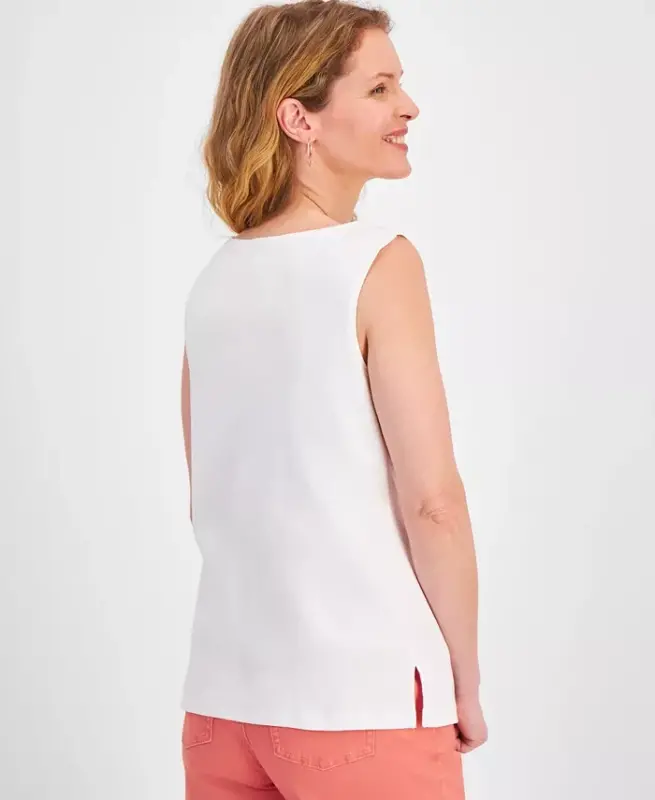 Women's Cotton Boat-Neck Sleeveless Top, Created for Modazone - Bright White - 2