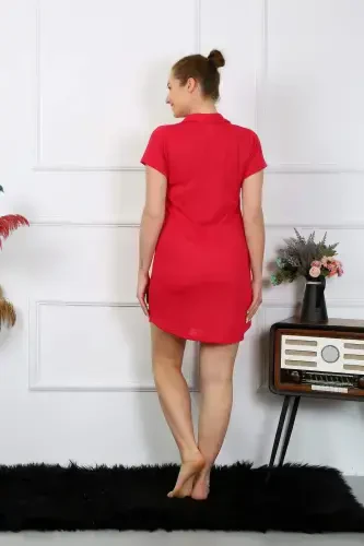 Kadın Pamuk Dokuma Kısa Kol Düğmeli Kırmızı Tunik Gecelik 13110 - 3