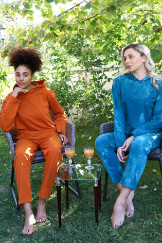 Kadın Pamuk Kapşonlu Cepli 3 İplik Kiremit Eşofman Takım 9037 - 8