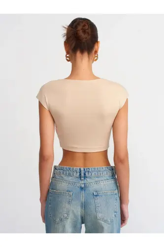 Kadın Pamuk ve Modal Karışımlı Crop Top T-shirt - 30528 - J - 3