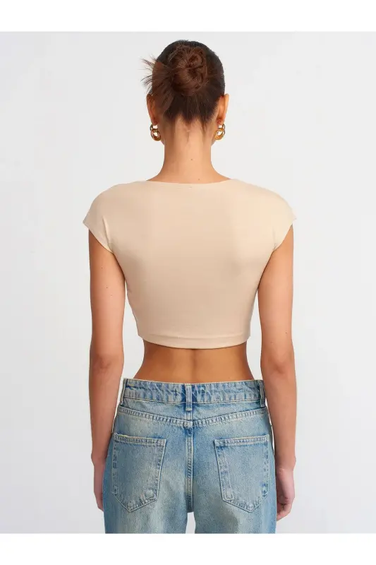 Kadın Pamuk ve Modal Karışımlı Crop Top T-shirt - 30528 - J - 3