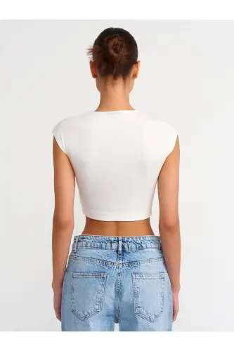 Kadın Pamuk ve Modal Karışımlı Crop Top T-shirt - 30528-K - 2