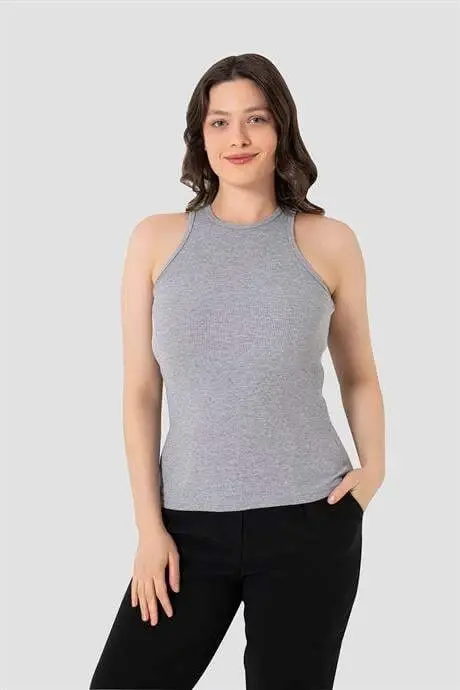 Kadın Pamuklu Fitilli Görünümlü Halter Yaka Basic Gri Atlet - 3