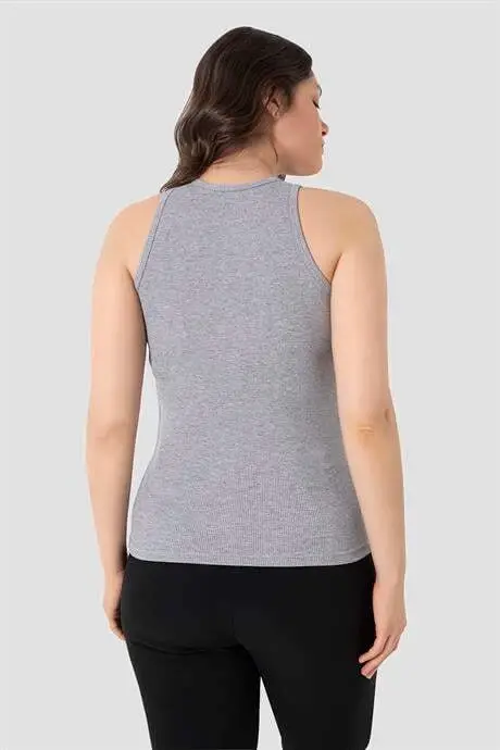 Kadın Pamuklu Fitilli Görünümlü Halter Yaka Basic Gri Atlet - 5