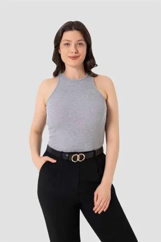 Kadın Pamuklu Fitilli Görünümlü Halter Yaka Basic Gri Atlet 2'li Paket - 1
