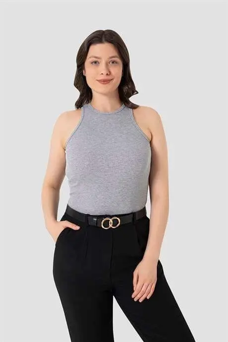 Kadın Pamuklu Fitilli Görünümlü Halter Yaka Basic Gri Atlet 2'li Paket - 1