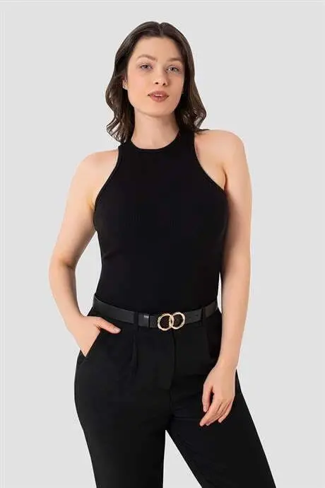 Kadın Pamuklu Fitilli Görünümlü Halter Yaka Siyah Beyaz Gri Atlet 3'lü Paket - 4