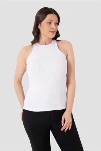 Kadın Pamuklu Fitilli Görünümlü Halter Yaka Siyah Beyaz Gri Atlet 3'lü Paket - 26