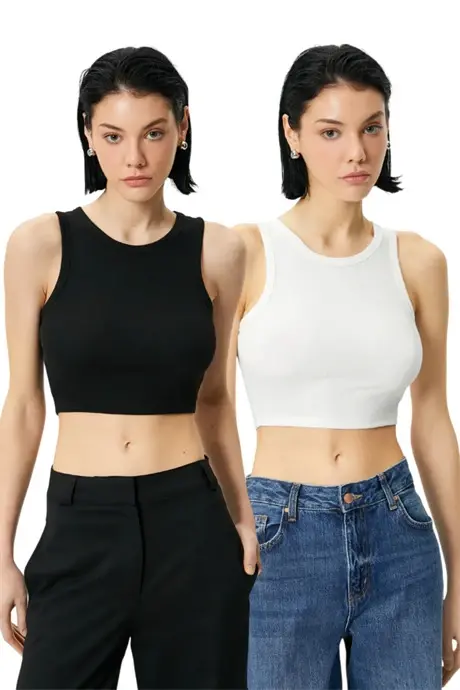 Kadın Pamuklu Fitilli Halter Yaka Kalın Askılı Crop Büstiyer Beyaz Siyah 2'li Paket - 1