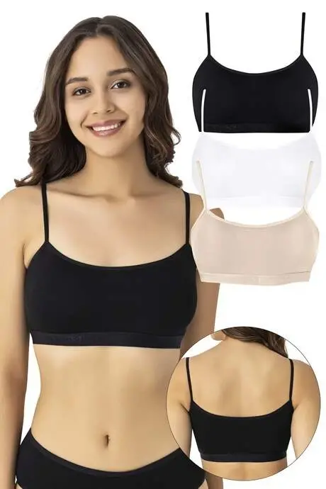 Kadın Pamuklu Likralı İp Askılı Çıkarılabilir Pedli Yarım Atlet Büstiyer Renkli 3'lü Paket - 1